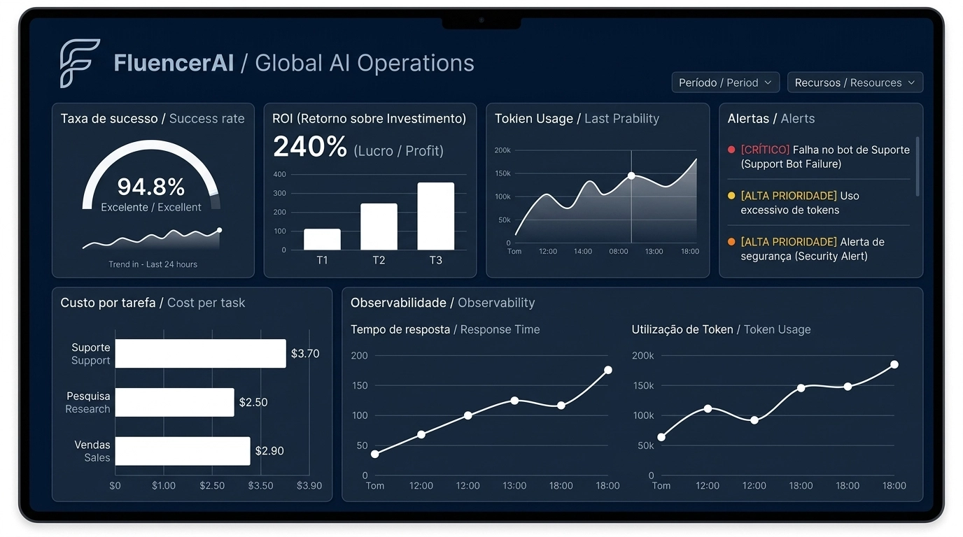 Dashboard de monitoramento de performance e ROI de agentes de IA com identidade visual da FluencerAI