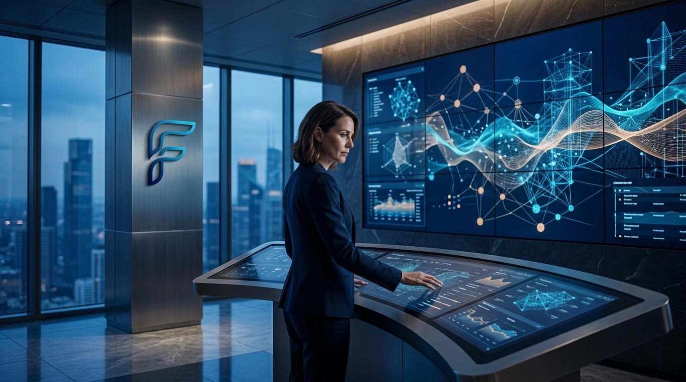 Executive technology leadership environment with abstract dashboards and FluencerAI branding