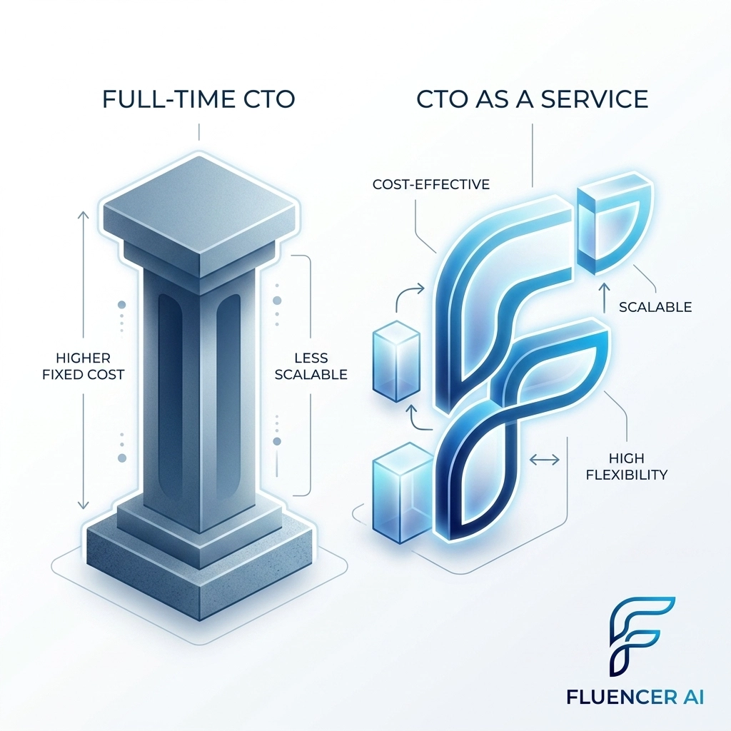 Comparação entre o modelo de CTO full-time (pilar fixo e pesado) vs. CTO as a Service (modular e escalável). O modelo fracionado permite que a empresa pague apenas pelo que usa, mantendo a agilidade.